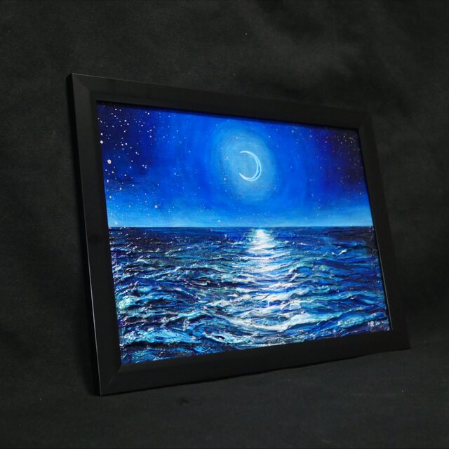 油絵/A4】真夏の夜の海と三日月（黒額縁付）/ 原画 油彩画 インテリア