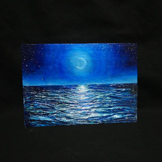油絵/A4】真夏の夜の海と三日月（黒額縁付）/ 原画 油彩画 インテリア