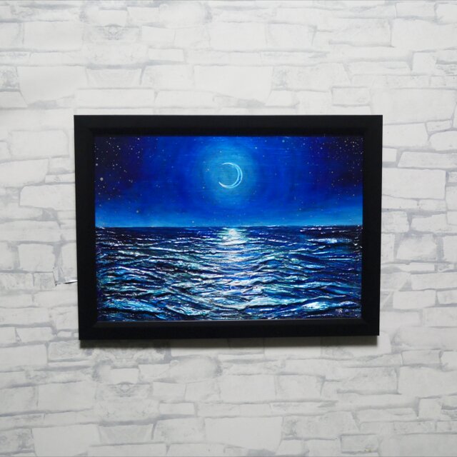 油絵/A4】真夏の夜の海と三日月（黒額縁付）/ 原画 油彩画 インテリア