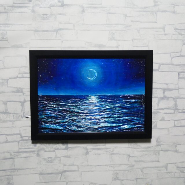 油絵/A4】真夏の夜の海と三日月（黒額縁付）/ 原画 油彩画 インテリア