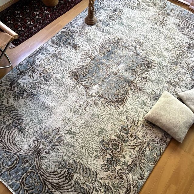 大判141×263メダリオン　春色クリーム×グレイ　トルコヴィンテージラグ 超大判159.5×272クリーム×レアブルー メダリオン トルコヴィンテージ
