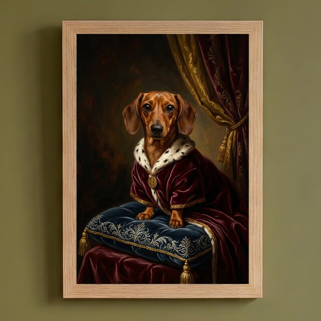 犬（ミニチュアダックスフンド）のルネサンス風肖像画 A4額装