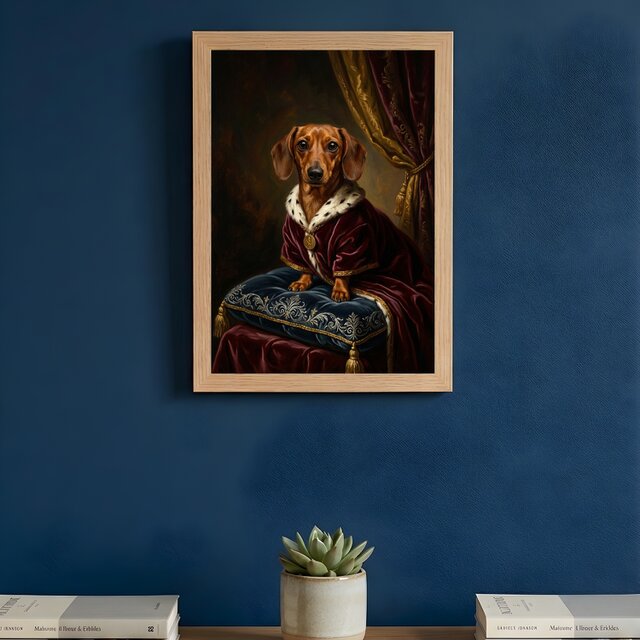 犬（ミニチュアダックスフンド）のルネサンス風肖像画 A4額装
