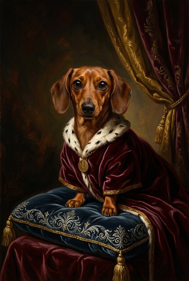 犬（ミニチュアダックスフンド）のルネサンス風肖像画 A4額装