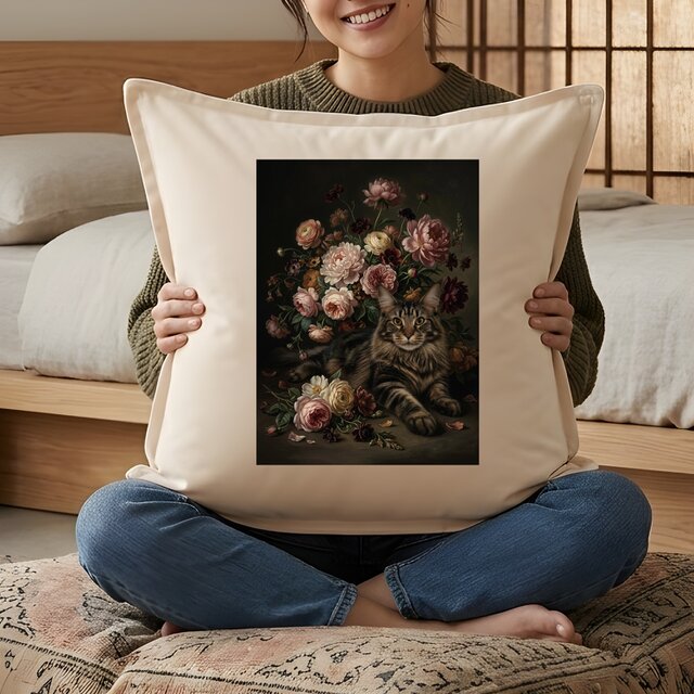 猫（メインクーン）クッション 45cm 花の油絵風カラーアート | iichi