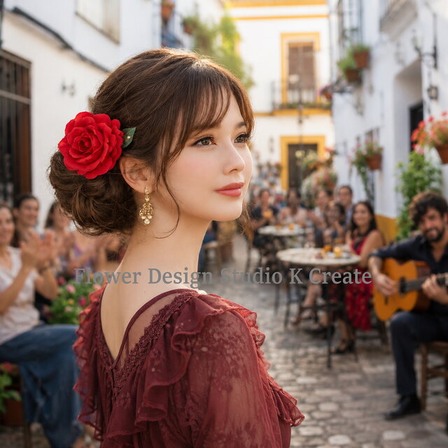 深紅の薔薇と葉のUピン髪飾り｜フラメンコ・ダンス・発表会・前撮り