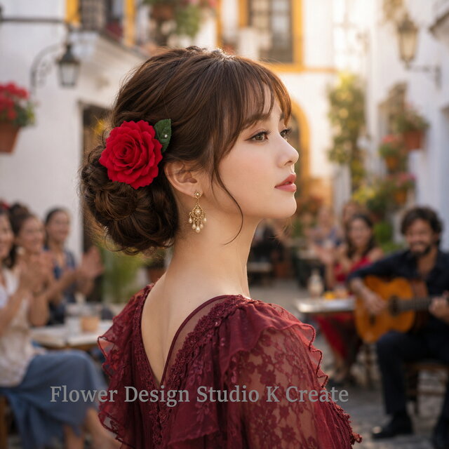 深紅の薔薇と葉のUピン髪飾り｜フラメンコ・ダンス・発表会・前撮り