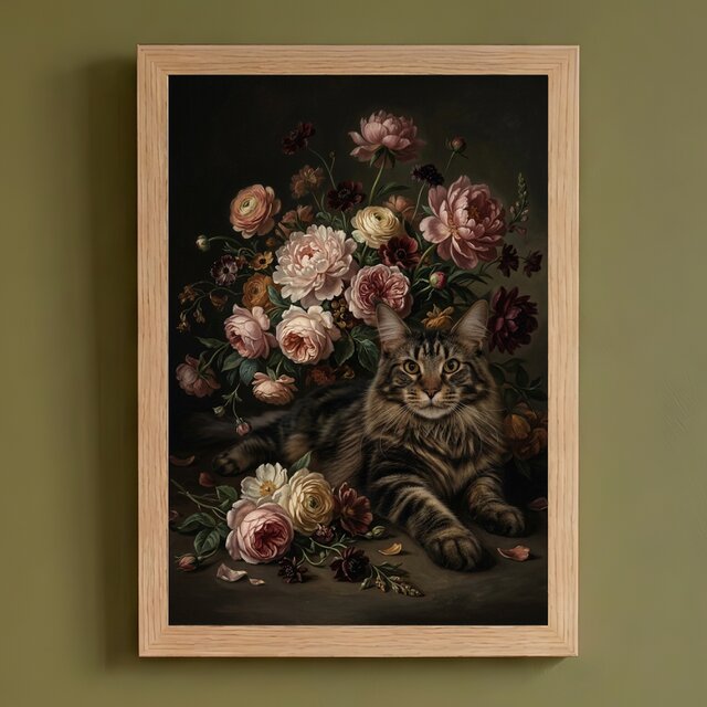 猫（メインクーン）の花に囲まれた油絵風アート A4額装インテリア