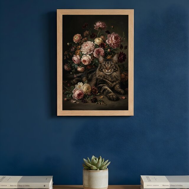 猫（メインクーン）の花に囲まれた油絵風アート A4額装インテリア