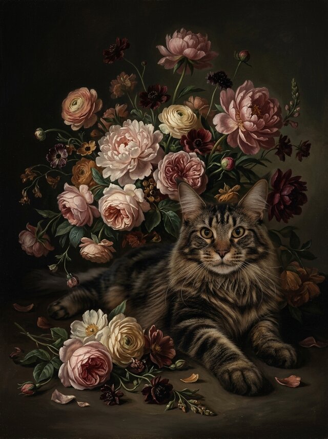 猫（メインクーン）の花に囲まれた油絵風アート A4額装インテリア