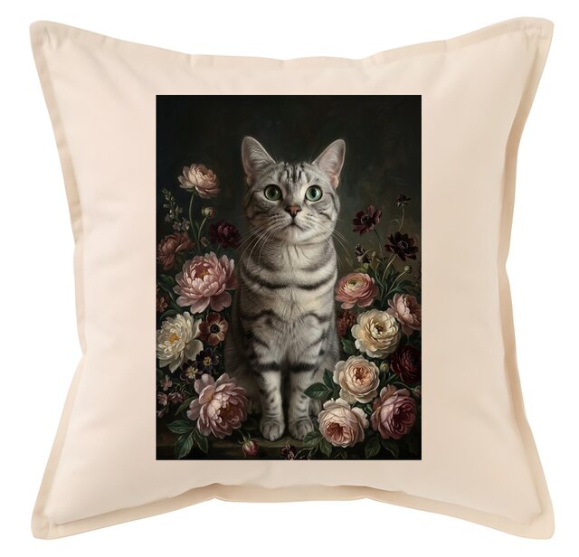 絵画 油絵風プリント アンティーク風 猫 猫（アメリカンショートヘア）クッション 45cm 花の油絵風カラーアート