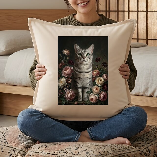 猫（アメリカンショートヘア）クッション 45cm 花の油絵風カラーアート