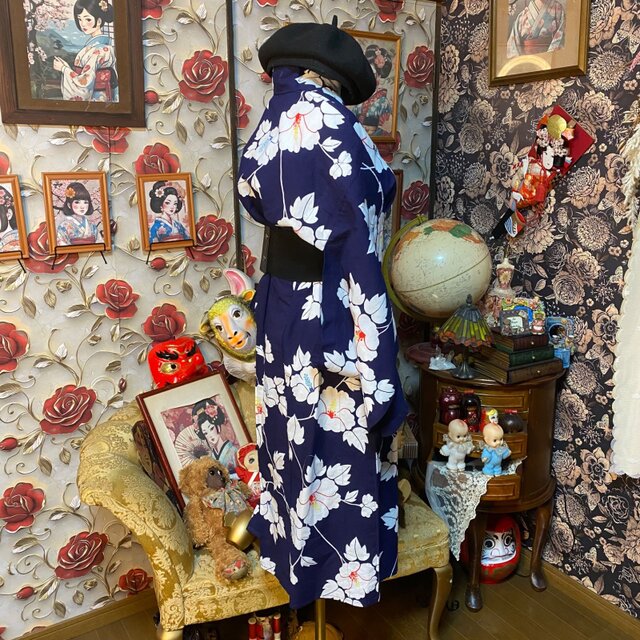 藍染浴衣リメイク ワンピース ドレス 和洋折衷 レトロ 古着
