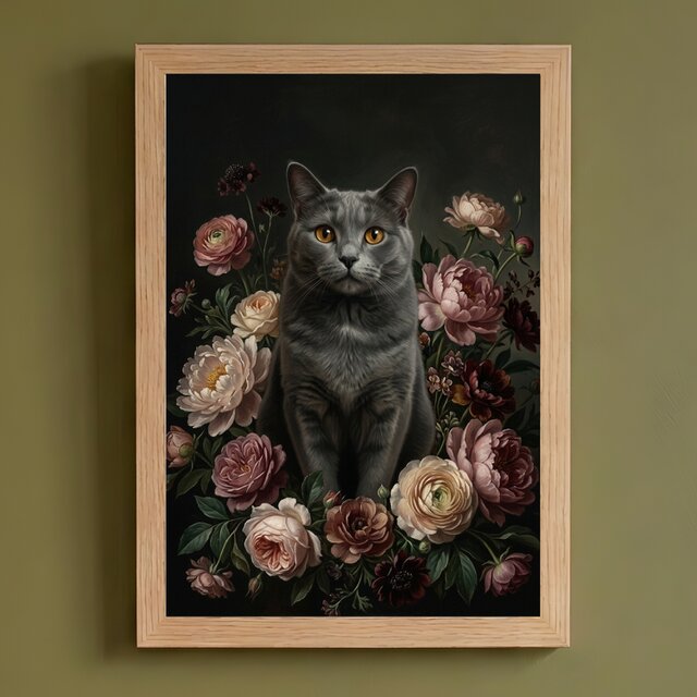 猫（シャルトリュー）の花に囲まれた油絵風アート A4額装インテリア