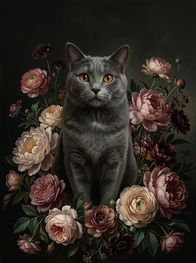 猫（シャルトリュー）の花に囲まれた油絵風アート A4額装インテリア