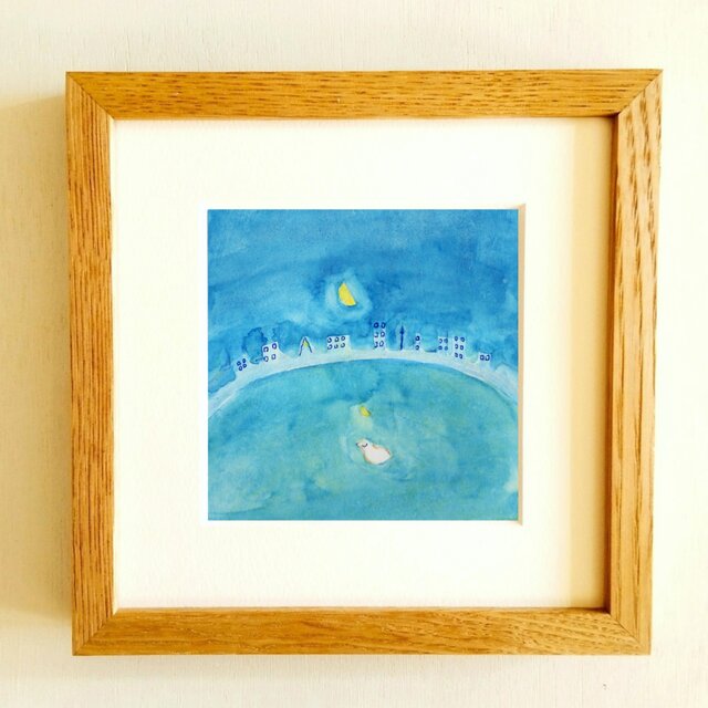 母と子の水彩画 木製フレーム付き 原画・水彩画】 「眠りの町」※木製額縁入り（18㎝角）水彩・イラスト