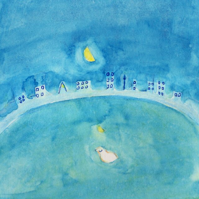 原画・水彩画】 「眠りの町」※木製額縁入り（18㎝角）水彩・イラスト