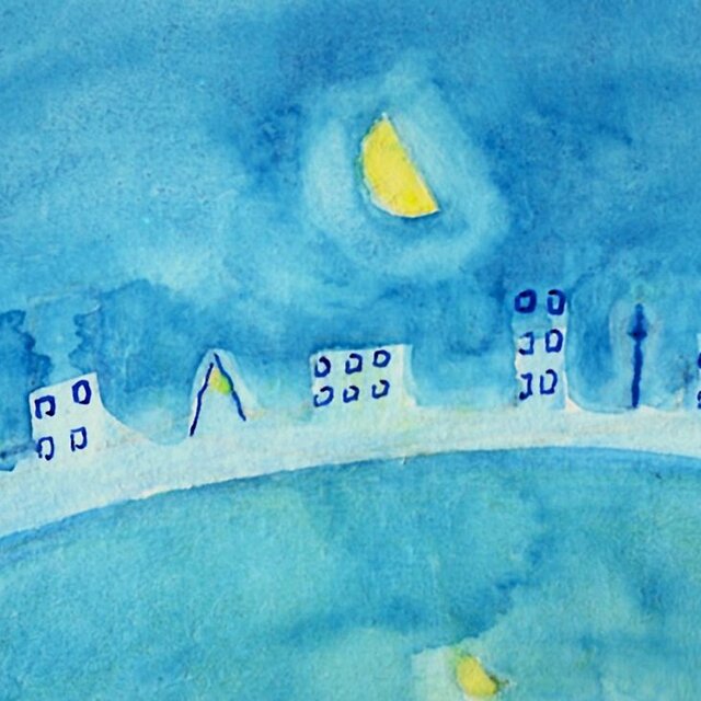 原画・水彩画】 「眠りの町」※木製額縁入り（18㎝角）水彩・イラスト