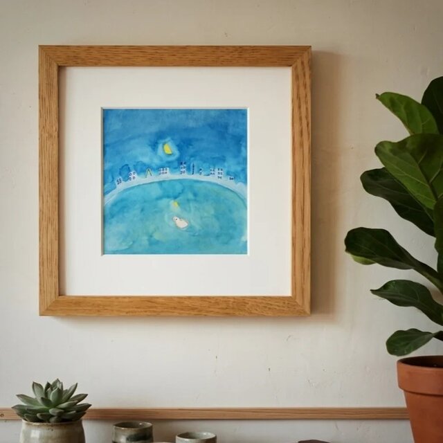 原画・水彩画】 「月夜のぷかぷか」※木製額縁入り（18㎝角）イラスト