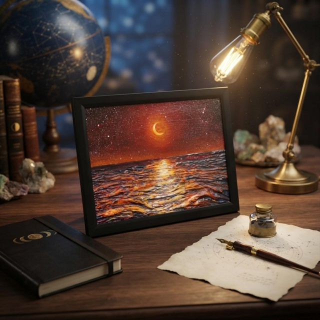 油彩画 原画「琥珀色の夜に溶ける月」A4額装（黒フレーム）夏の夜景 海