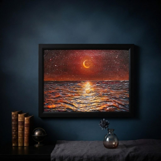 油彩画 原画「琥珀色の夜に溶ける月」A4額装（黒フレーム）夏の夜景 海