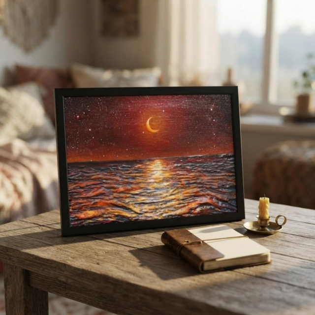 油彩画 原画「琥珀色の夜に溶ける月」A4額装（黒フレーム）夏の夜景 海