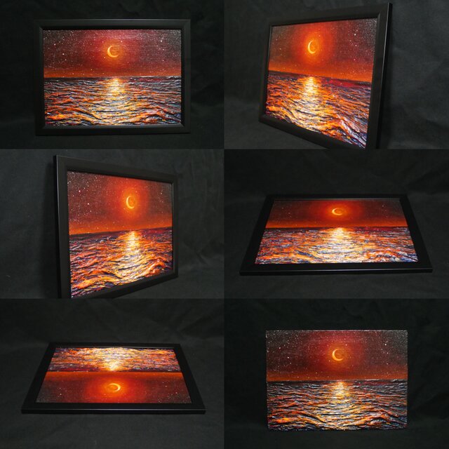 油彩画 原画「琥珀色の夜に溶ける月」A4額装（黒フレーム）夏の夜景 海