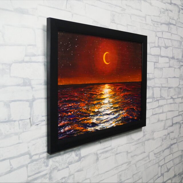 油彩画 原画「琥珀色の夜に溶ける月」A4額装（黒フレーム）夏の夜景 海