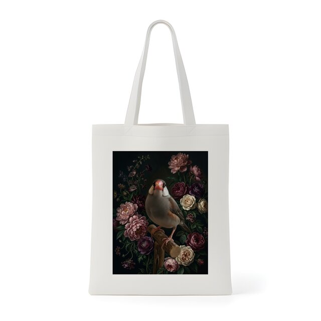 文鳥・ブンチョウトートバッグ 花の油絵風アート キャンバス地 | iichi