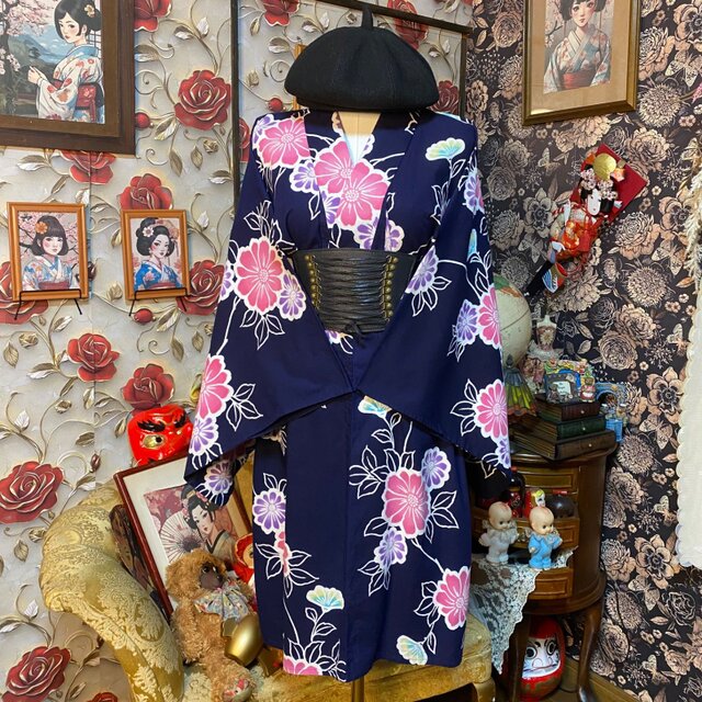 藍染浴衣リメイク ミニミディ ワンピース ドレス 和洋折衷 レトロ 古着