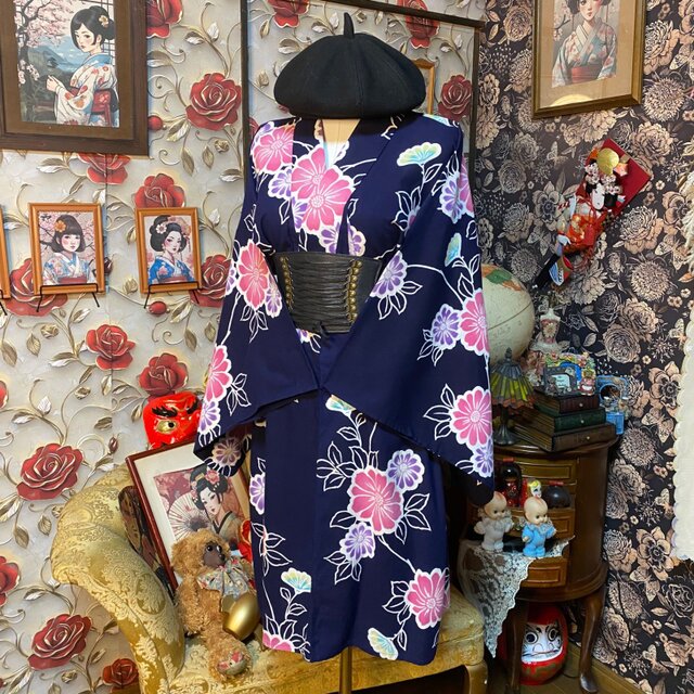 藍染浴衣リメイク ミニミディ ワンピース ドレス 和洋折衷 レトロ 古着