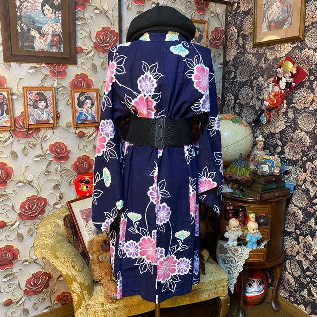藍染浴衣リメイク ミニミディ ワンピース ドレス 和洋折衷 レトロ 古着