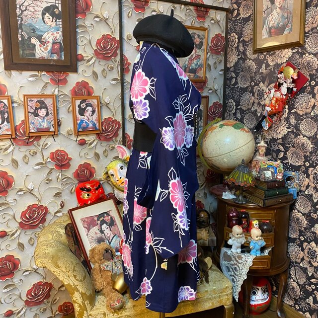 藍染浴衣リメイク ミニミディ ワンピース ドレス 和洋折衷 レトロ 古着