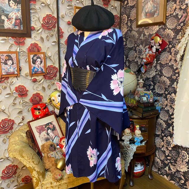 藍染浴衣リメイク ワンピース ドレス 和洋折衷 レトロ 古着