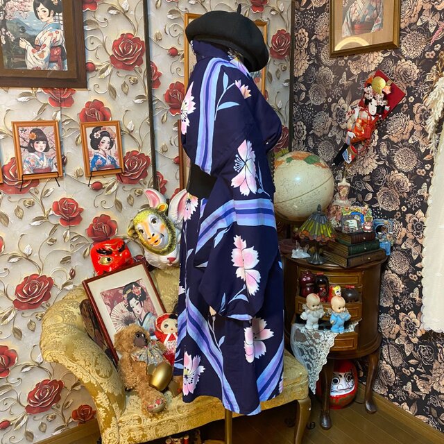 藍染浴衣リメイク ワンピース ドレス 和洋折衷 レトロ 古着