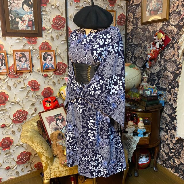 藍染浴衣リメイク ワンピース ドレス 和洋折衷 レトロ 古着