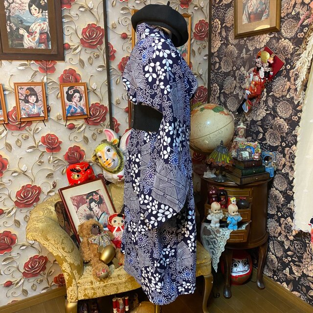 藍染浴衣リメイク ワンピース ドレス 和洋折衷 レトロ 古着
