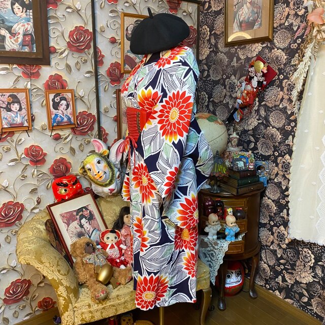 藍染浴衣リメイク ワンピース ドレス 和洋折衷 レトロ 古着