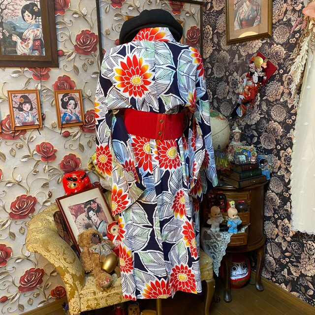 藍染浴衣リメイク ワンピース ドレス 和洋折衷 レトロ 古着