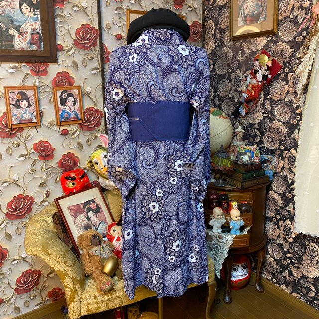 浴衣リメイク ワンピース ドレス 帯サッシュベルト付 和洋折衷 藍色を