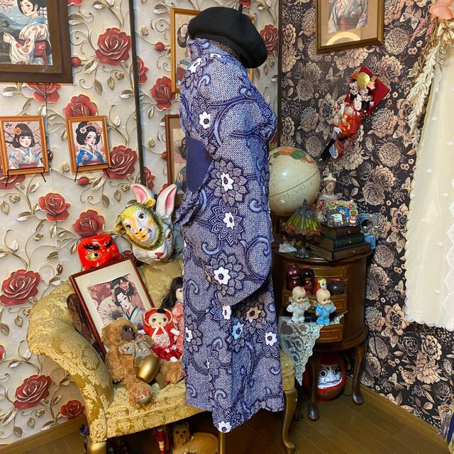 浴衣リメイク ワンピース ドレス 帯サッシュベルト付 和洋折衷 藍色を