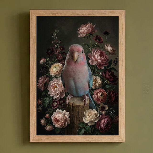 インコ（アキクサインコ）の花に囲まれた油絵風アート A4額装