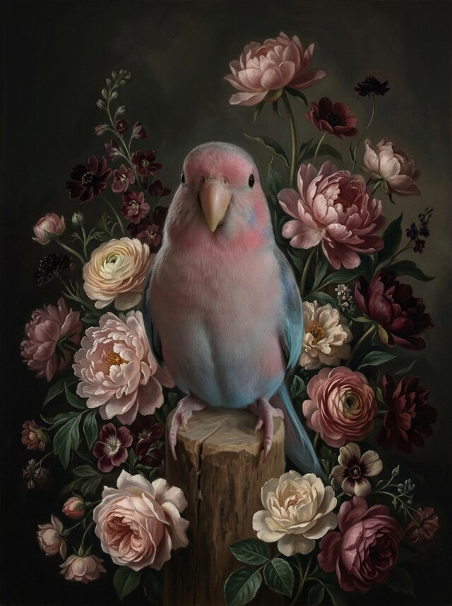 インコ（アキクサインコ）の花に囲まれた油絵風アート A4額装