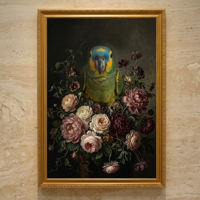 インコ（アオボウシインコ）の花に囲まれた油絵風アート A3額装