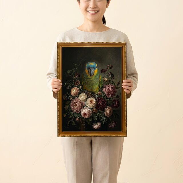 インコ（アオボウシインコ）の花に囲まれた油絵風アート A3額装