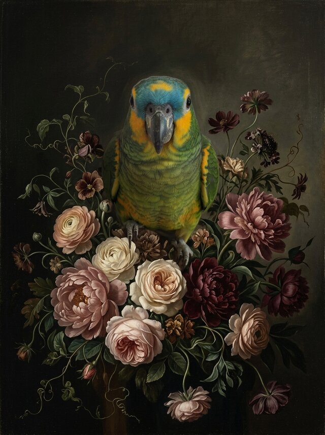 インコ（アオボウシインコ）の花に囲まれた油絵風アート A3額装