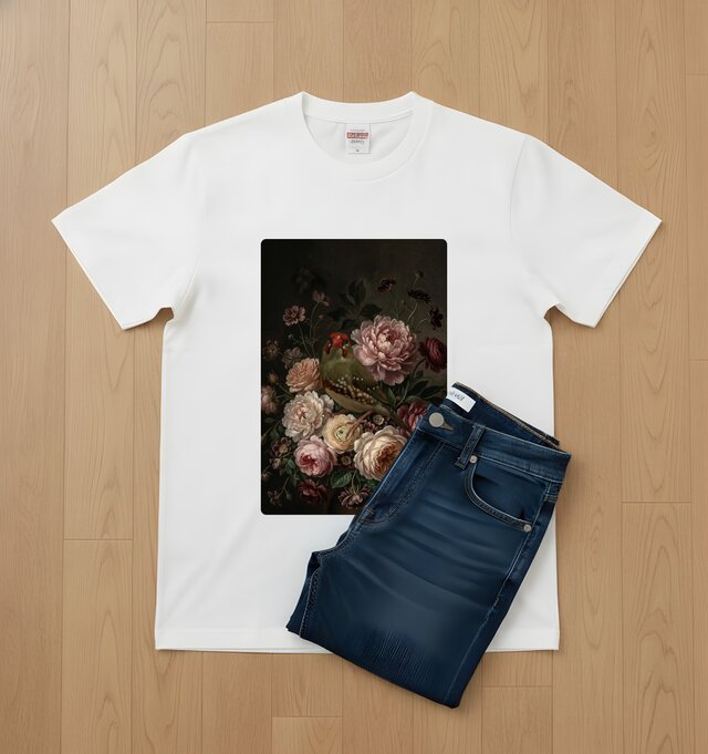 アサヒスズメ半袖Tシャツ 花の油絵風アート ホワイト 男女兼用 | iichi
