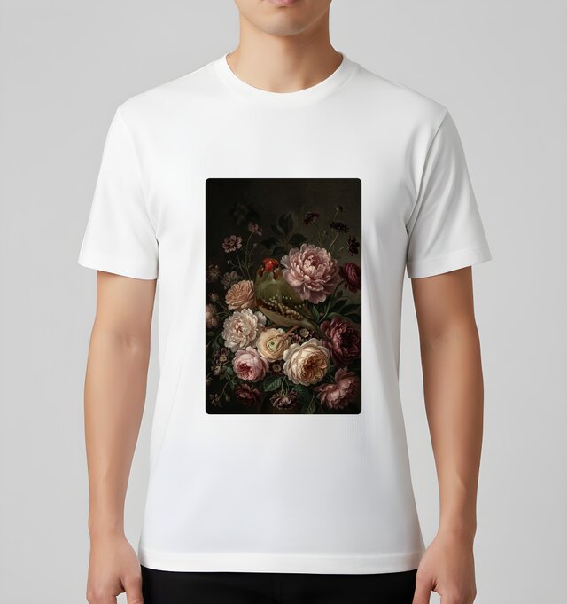 アサヒスズメ半袖Tシャツ 花の油絵風アート ホワイト 男女兼用 | iichi