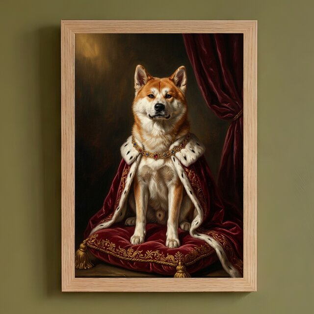 犬（秋田犬）のルネサンス風肖像画 油絵風アートA4額装インテリア