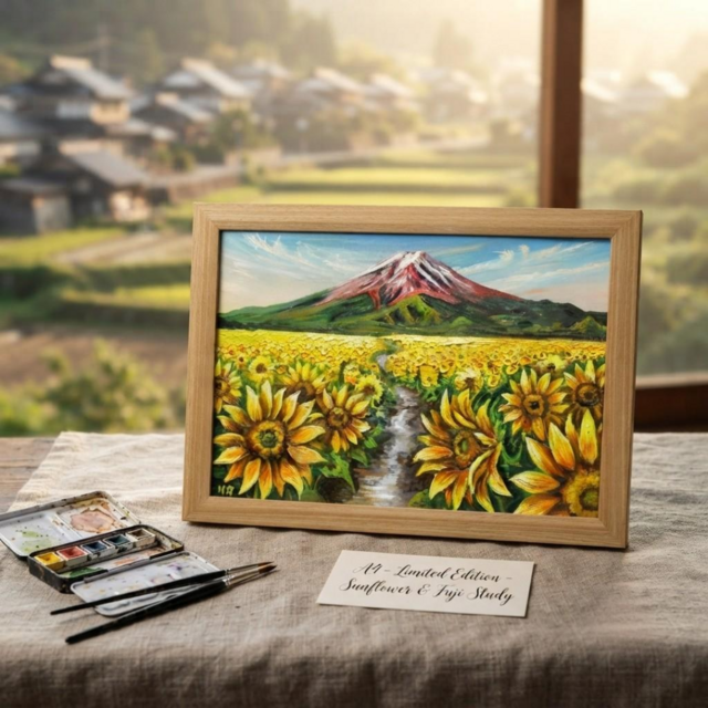 油彩画 A4「富士へと続く黄金の道」額装入り（ひまわり・赤富士・夏の